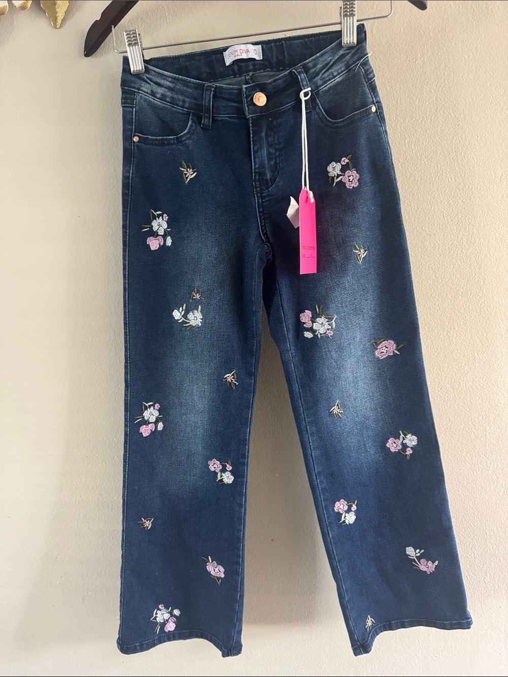 Girls Dark Blue Floral Embroidered Straight Jeans